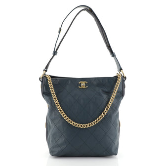 Chanel Button Up Hobo Quilted Calfskin with Grosgrain Large Blue 454171