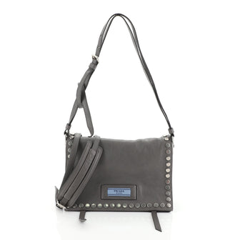 Prada Etiquette Flap Bag Studded Glace Calfskin Small Gray 45427144