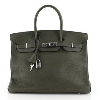 Hermes Birkin Handbag Green Clemence with Palladium Hardware 35 Green 454277