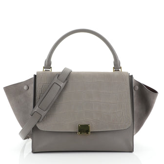 Celine Trapeze Handbag Crocodile Embossed Leather Medium Gray 454911