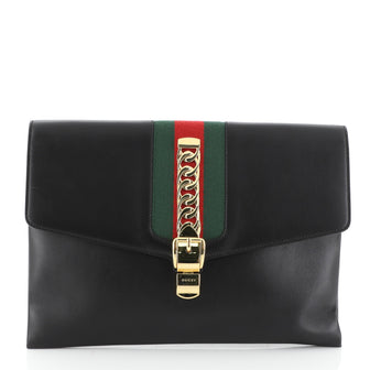 Gucci Sylvie Clutch Leather Maxi Black 455235