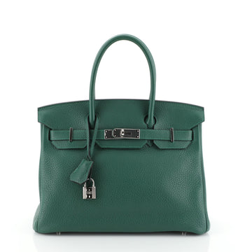 Hermes Birkin Handbag Green Clemence with Palladium Hardware 30