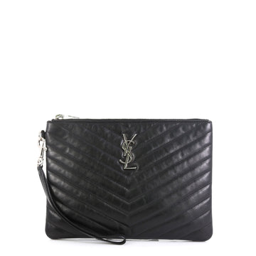 Saint Laurent Classic Monogram Wristlet Pouch Matelasse Chevron Leather Small
