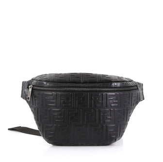 Fendi Zip Waist Bag Zucca Embossed Leather Black 455561