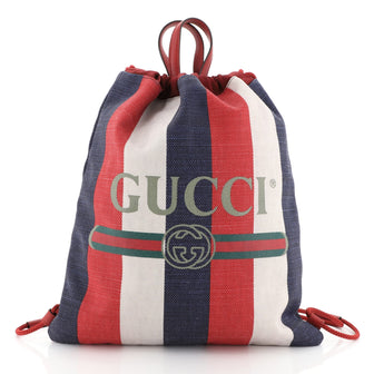 Gucci Logo Drawstring Backpack Striped Raffia Large White 4560037