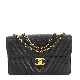 Chanel Vintage Classic Single Flap Bag Chevron Caviar Maxi Black 456004