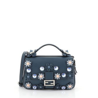 Fendi Flowerland Double Baguette Crossbody Bag Embellished Leather Micro Blue 4560076