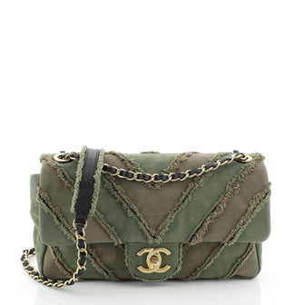 Chanel CC Flap Bag Chevron Canvas Patchwork Medium Green 4560114