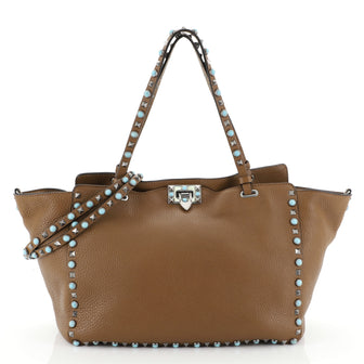 Valentino Rolling Rockstud Tote Leather with Cabochons Medium Brown 456021