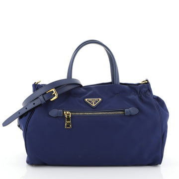 Prada Zip Convertible Shopping Tote Tessuto with Saffiano Leather Medium Blue 456411