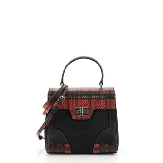 Prada Turn Lock Top Handle Bag Printed Saffiano Leather with Tessuto Small Black 45658103