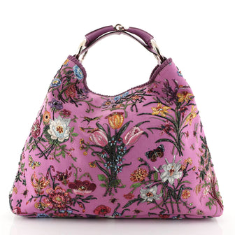 Gucci Horsebit Hobo Beaded Flora Canvas Large Purple 4565846