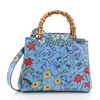 Gucci Nymphaea Tote Floral Printed Leather Small Blue 4565887