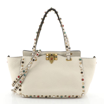 Valentino Rolling Rockstud Tote Leather with Cabochons Small White 4565894