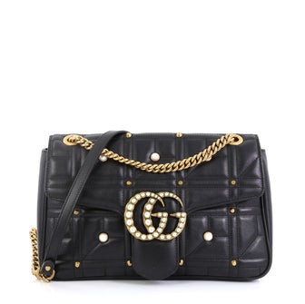 Gucci Pearly GG Marmont Flap Bag Embellished Matelasse Leather Medium