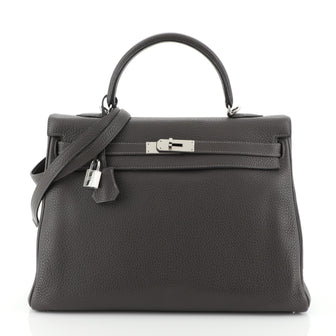 Hermes Kelly Handbag Grey Clemence with Palladium Hardware 35 Gray 457401