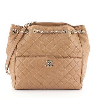 Chanel Drawstring CC Lock Bucket Bag Quilted Lambskin Medium Brown 457696