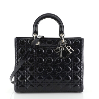 Christian Dior Lady Dior Handbag Cannage Quilt Patent Large Blue 458131