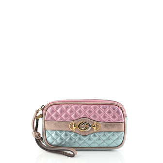 Gucci Trapunata Wristlet Quilted Laminated Leather Blue 458401