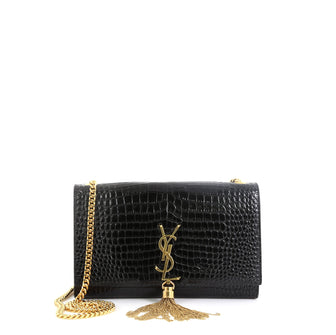 Saint Laurent Classic Monogram Tassel Crossbody Bag Crocodile Embossed Leather Medium Black 458411