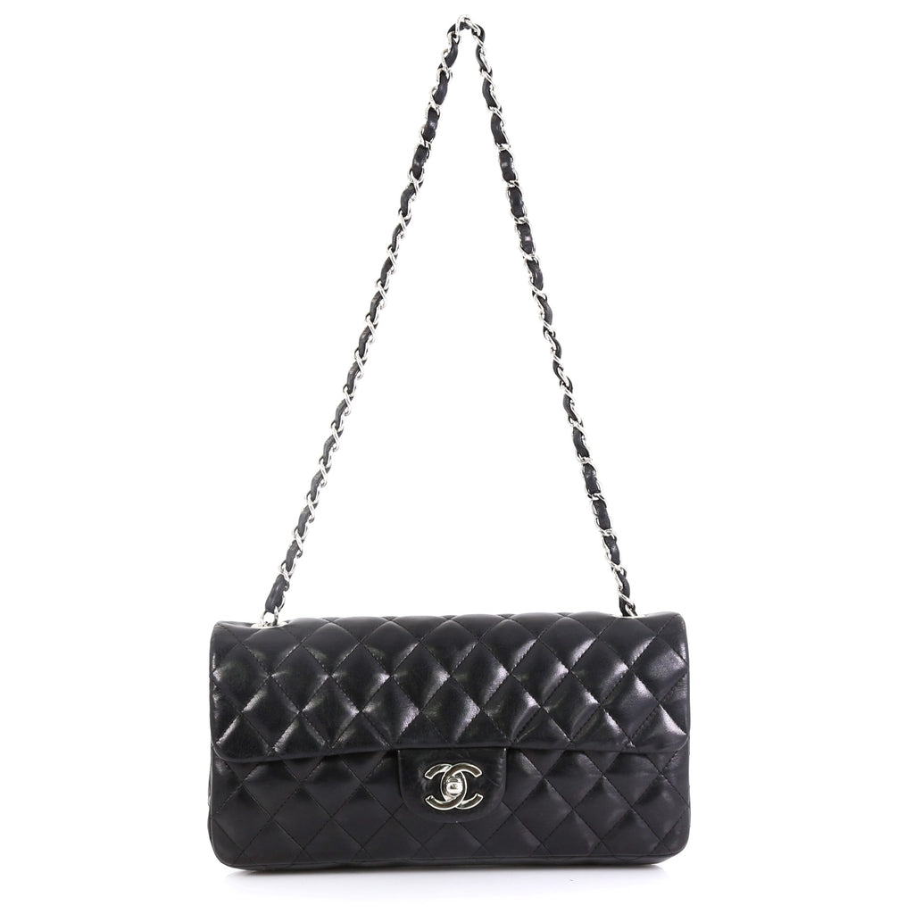 Chanel East west back pocket chain flap bag Black Leather ref