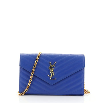 Saint Laurent Classic Monogram Wallet on Chain Matelasse Chevron Leather Medium Blue 4585701