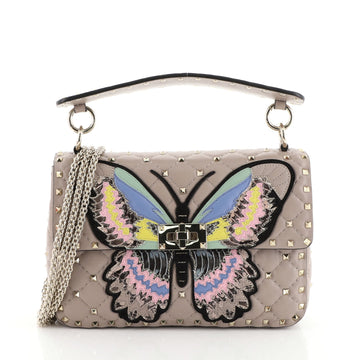 Valentino Rockstud Spike Flap Bag Embroidered Quilted Leather Medium Neutral 458741