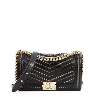 Chanel Boy Flap Bag Chevron Embellished Crumpled Calfskin Old Medium Black 458957