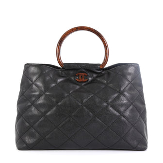 Chanel Vintage Wooden Ring Tote Quilted Caviar Large Black 45922117