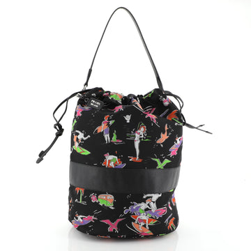 Prada Drawstring Bucket Bag Printed Tessuto Medium