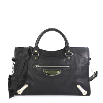 Balenciaga City Metal Plate Flat Studs Bag Leather Medium Black 459604