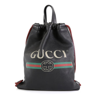 Gucci Logo Drawstring Backpack Printed Leather Medium Black 4596926