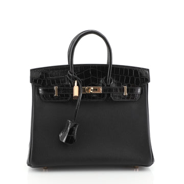 Hermes Touch Birkin Handbag Black Novillo with Shiny Niloticus Crocodile with Rose Gold Hardware 25