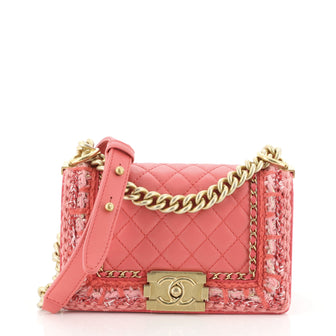 Chanel Jacket Boy Flap Bag Quilted Lambskin with Tweed Small Pink 4597155