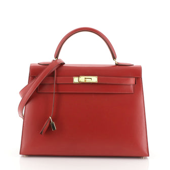 Hermes Kelly Handbag Red Box Calf with Gold Hardware 32