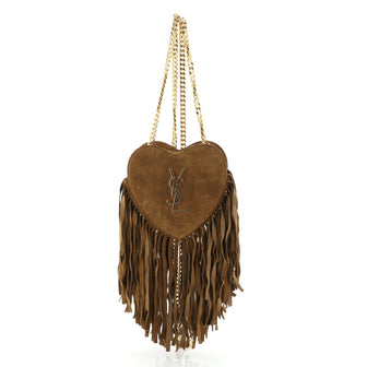 Saint Laurent Fringe Love Heart Chain Bag Suede Small Brown 459831