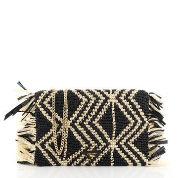 Prada Chain Flap Shoulder Bag Woven Raffia Small Black 459855