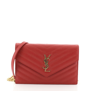 Saint Laurent Classic Monogram Wallet on Chain Matelasse Chevron Leather Small Red 460021