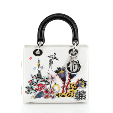 Christian Dior Lady Dior Handbag Embellished Leather with Patent Medium