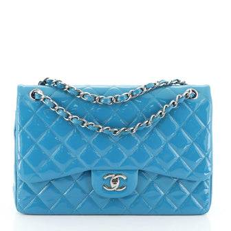 Chanel Classic Double Flap Bag Quilted Patent Jumbo Blue 460471