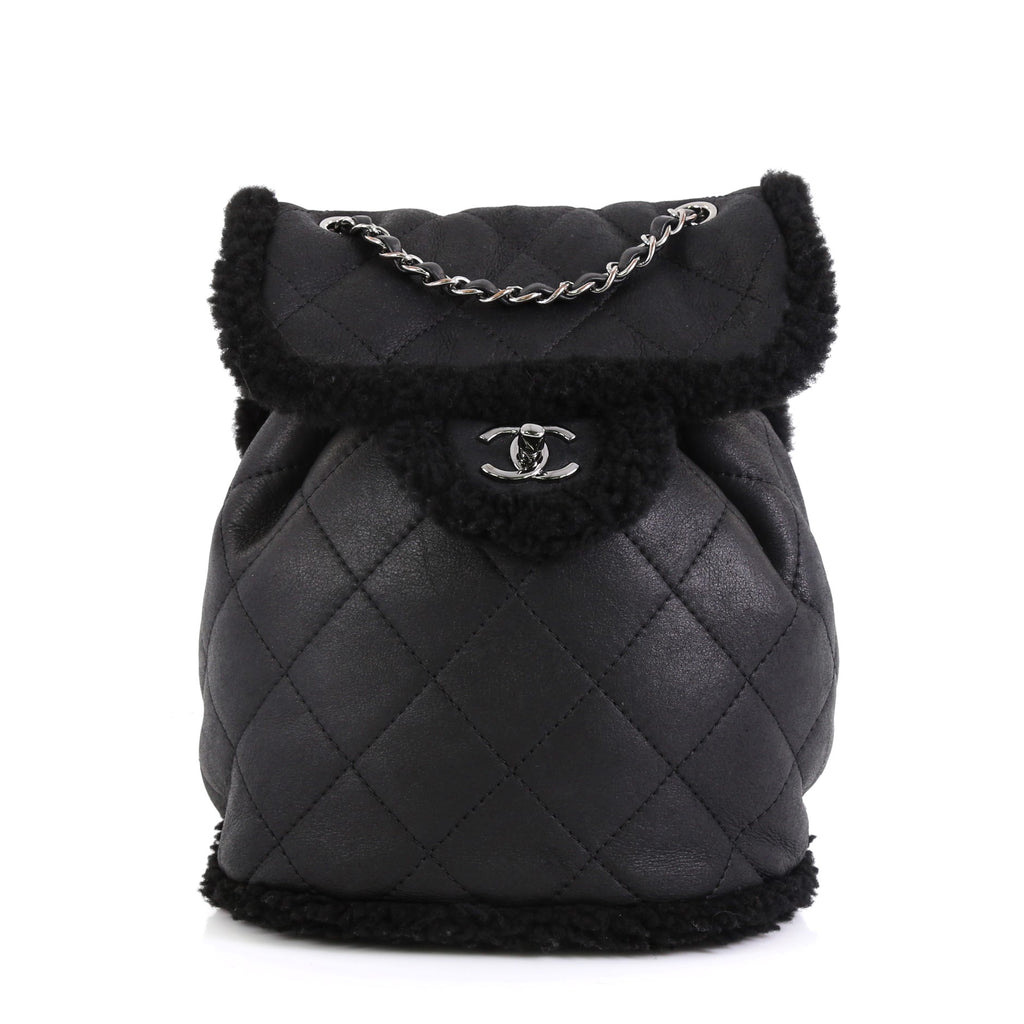 Chanel Coco Neige Front Pocket Quilted Velvet Backpack Bag Black