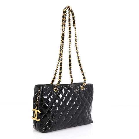 Chanel Vintage CC Charm Tote Quilted Patent Medium Black 460781