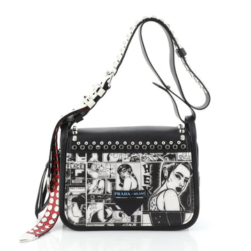 Prada Concept Flap Shoulder Bag Studded Printed Leather Medium