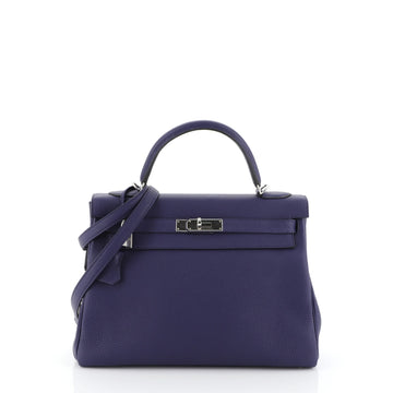 Hermes Kelly Handbag Blue Clemence with Palladium Hardware 32