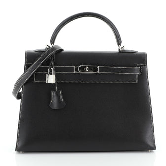 Hermes Kelly Handbag Black Veau Grain Lisse with Palladium Hardware 32