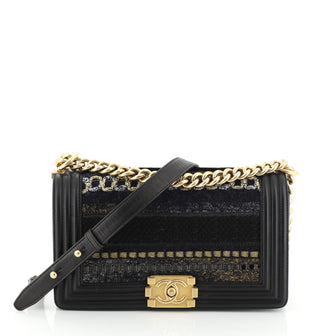 Chanel Boy Flap Bag Embellished Woven Tweed Old Medium