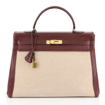 Hermes Kelly Handbag Toile and Red Box Calf with Gold Hardware 35