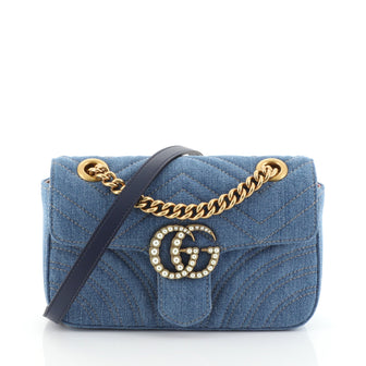 Gucci Pearly GG Marmont Flap Bag Matelasse Denim Mini