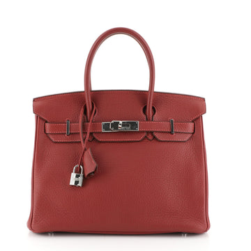 Hermes Birkin Handbag Red Clemence with Palladium Hardware 30