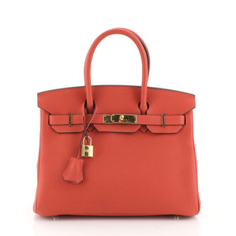 Hermes Birkin Handbag Red Clemence with Gold Hardware 30